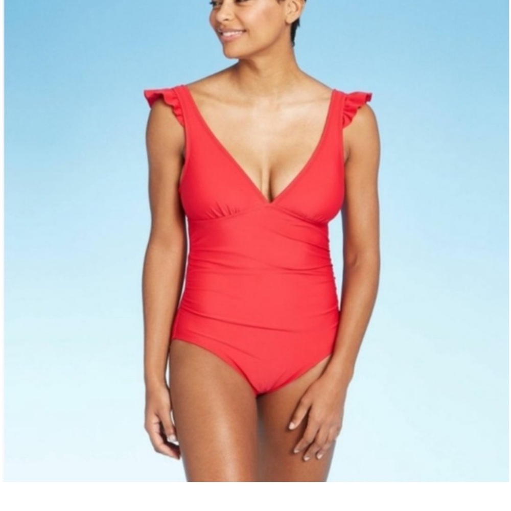 Women's Ruffle Shoulder High Coverage One Piece Swimsuit Red medium